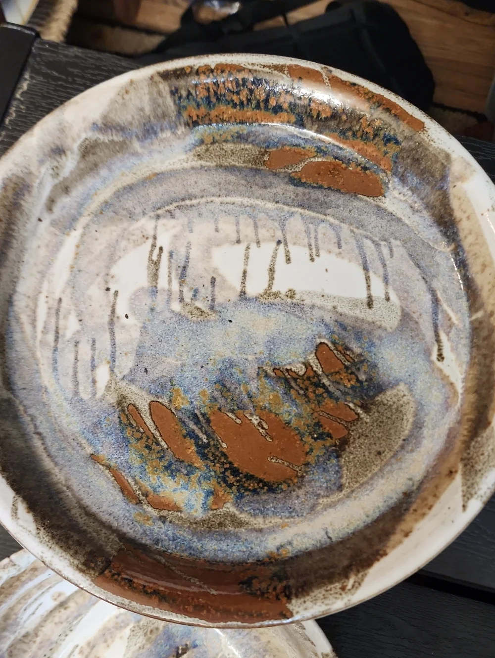 Handcrafted Ceramic Serving Bowl And Pie Plate in Blue, Brown & Cream - VDK
